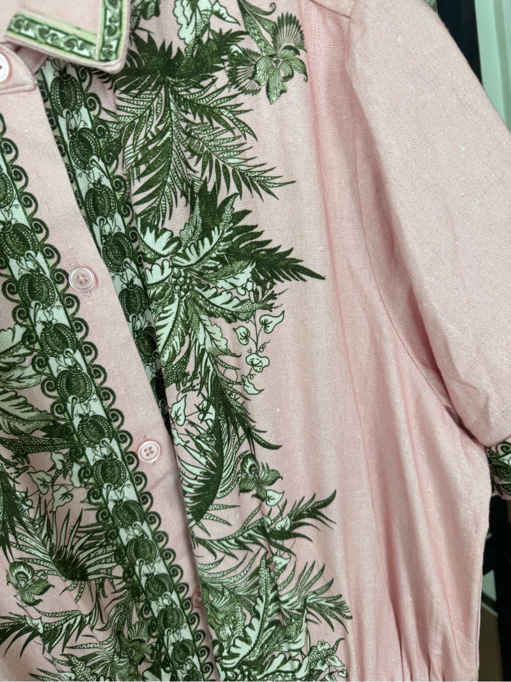 Linen maxi dress button down shirt collar tropical palm print pockets blush - Picture 10 of 15